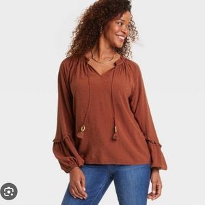 Women’s Blouse Balloon Long Sleeve Brown NWT
